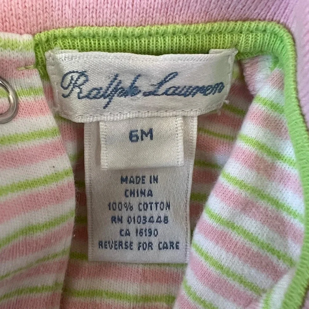 Ralph‎ Lauren Pink Green Striped Cotton Footed One Piece Romper Pajamas 6M
